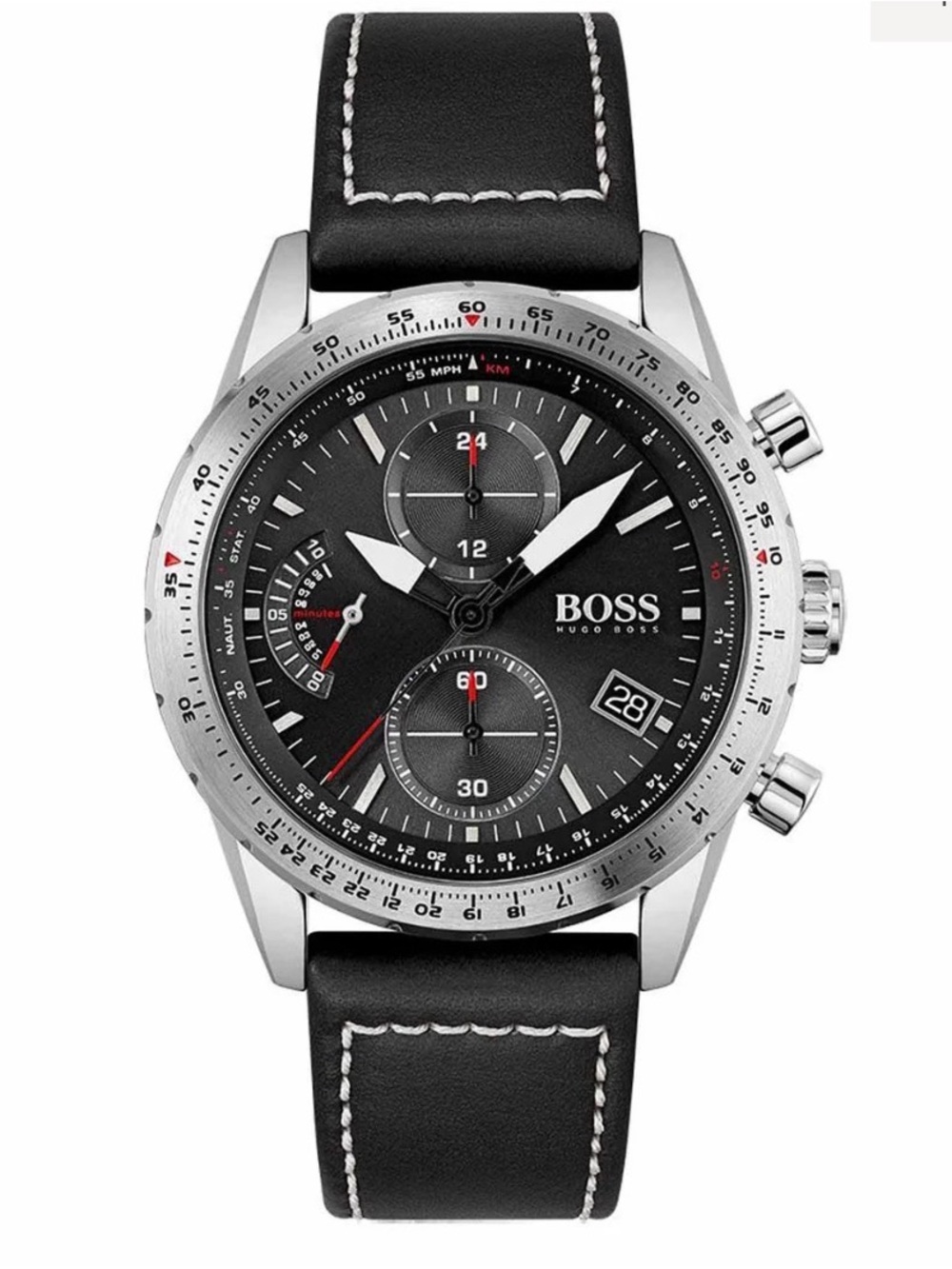 Hugo Boss Pilot Edition Black Dial Black Leather Strap Men's Watch